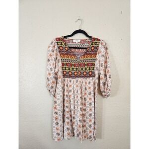 Umgee Multicolor Mini Dress Bohemian Aztec‎ Floral Print 3/4 Sleeve Size S
